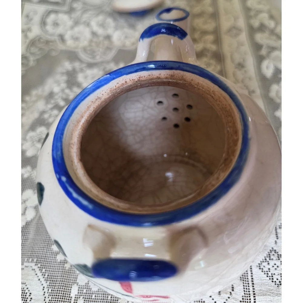 Vtg Made in Japan Hand Painted Flower Tea Pot Blue Red Floral Crazing Glaze
